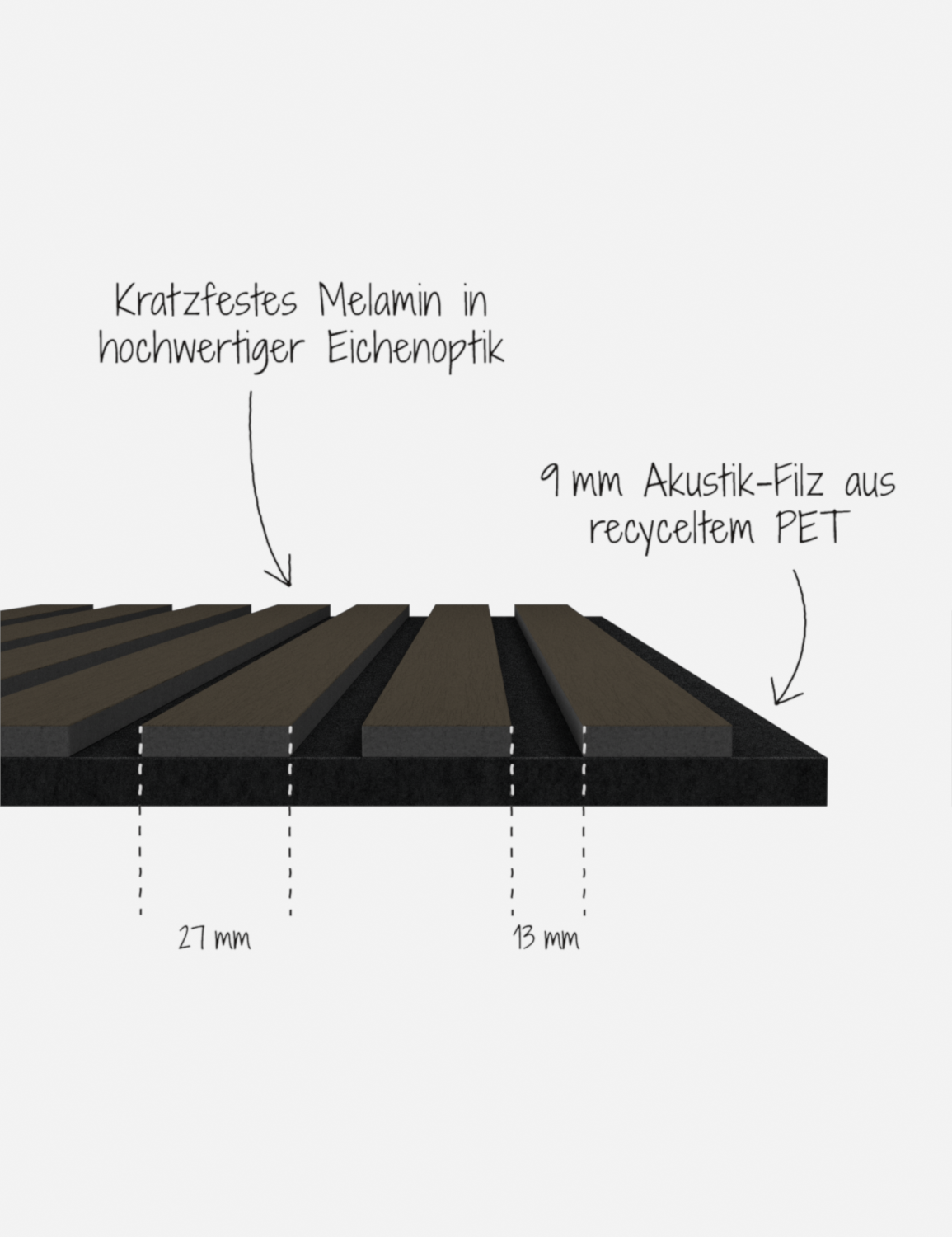 Limited Akustikpaneel Eiche Dunkel MDF Schwarz Leicht - Filz Schwarz - 300cm